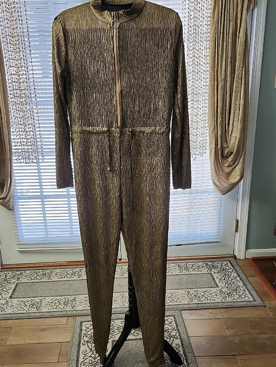 Pants - Metallic Gold Textured Long-Sleeve Jumpsuit